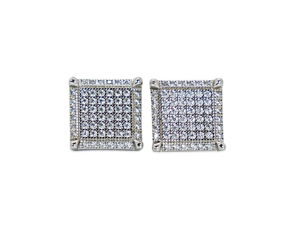 Mens 925 Sterling Silver 10mm CZ Square Kite Earrings Studs